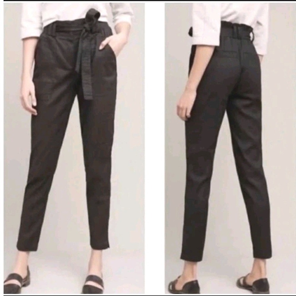 Elevenses Anthropologie Black Linen Blend Paperbag Waist Tapered Pants Womens S